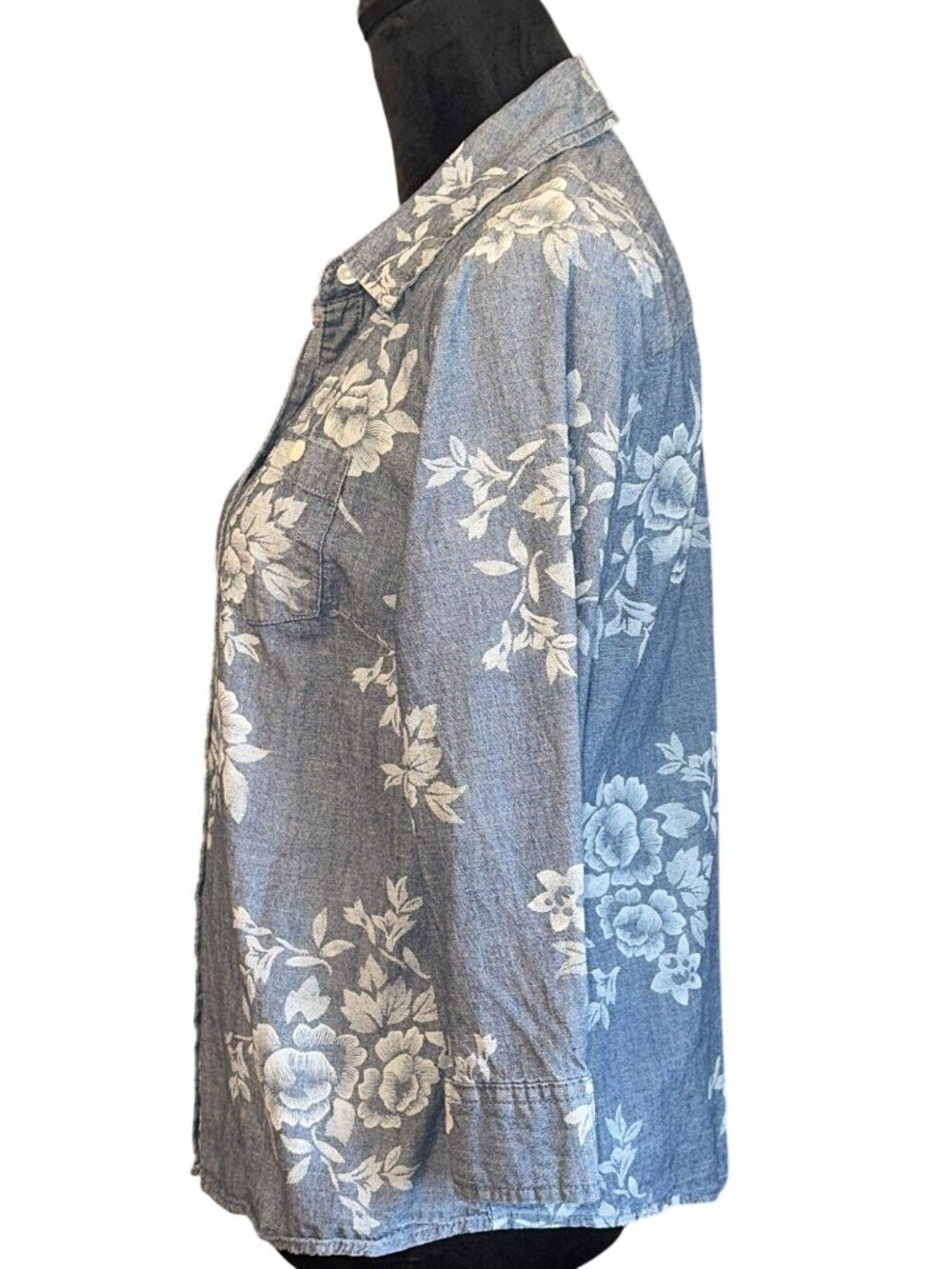Karen Scott Womens Floral Button-Up Shirt Small 100% Cotton Blue/White - Picture 3 of 4